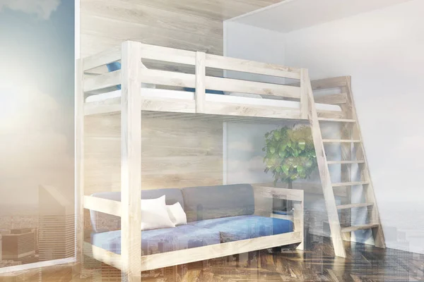 Loft cama y un sofá azul tonificado interior — Foto de Stock