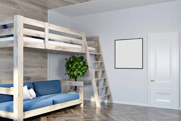 Loft cama y un sofá interior azul, póster — Foto de Stock