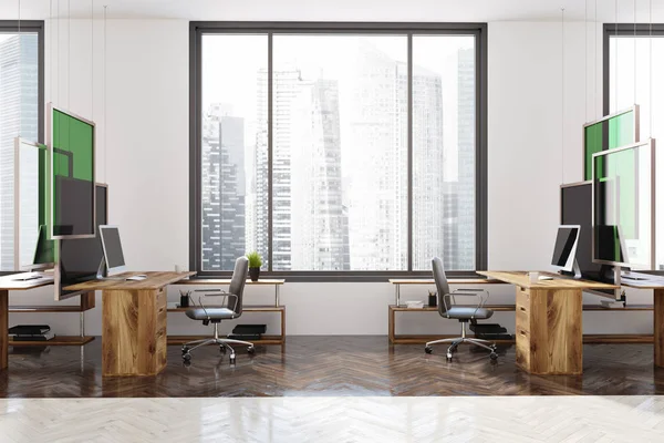 Witte en groene moderne kantoor interieur, zijaanzicht — Stockfoto