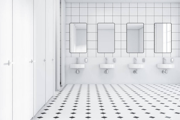 White wall public restroom interior, sinks