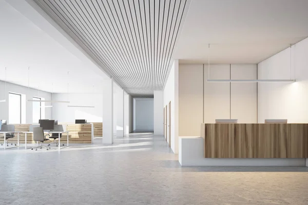 Biały i drewniane Biuro, Recepcja otwarta przestrzeń — Zdjęcie stockowe