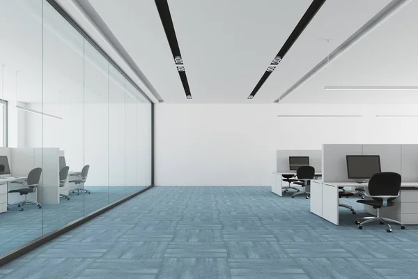 青い床のオープン スペースのオフィスのインテリア — ストック写真