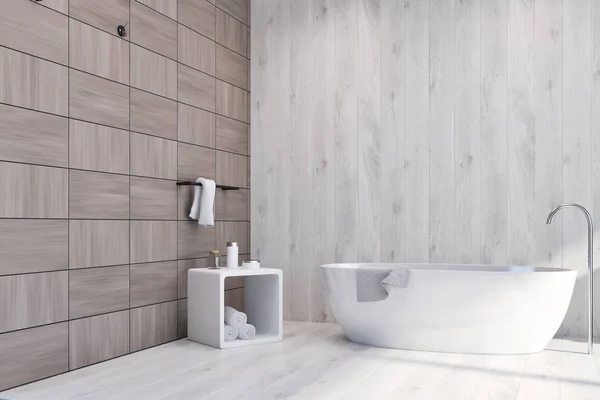 Blanco y madera azulejos baño marrón — Foto de Stock