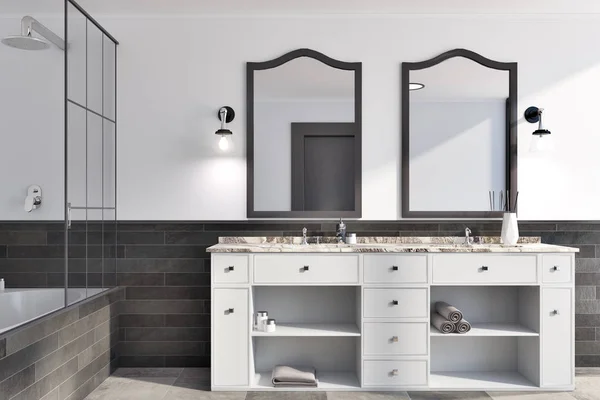 Wit en bakstenen muur badkamer interieur — Stockfoto