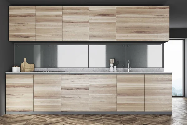 Interior de la cocina gris, mostradores de madera —  Fotos de Stock
