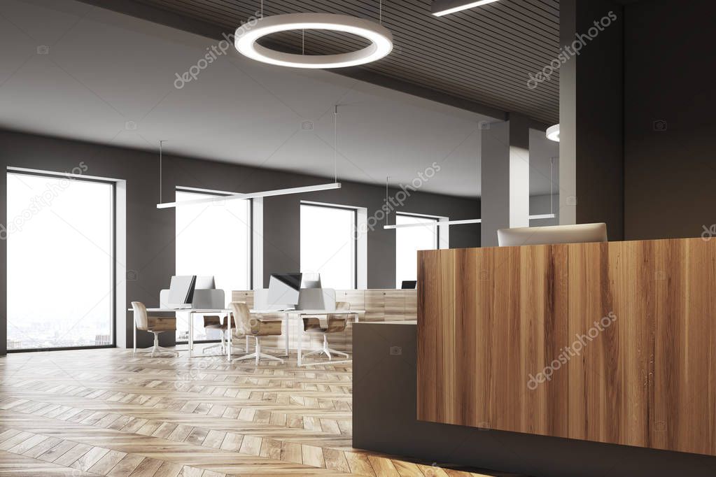 Dark and wooden office, reception open space side