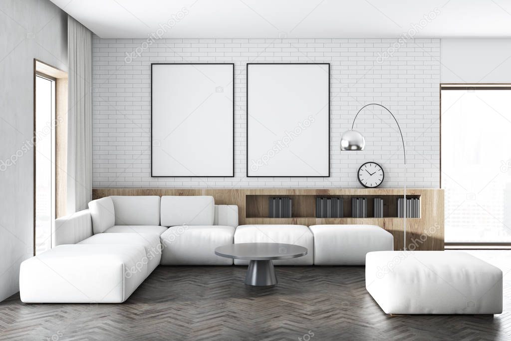 White brick living room, white sofa, posters