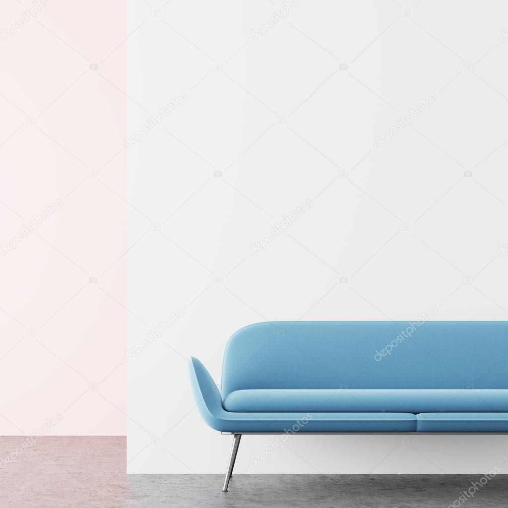 White and pink living room, blue sofa