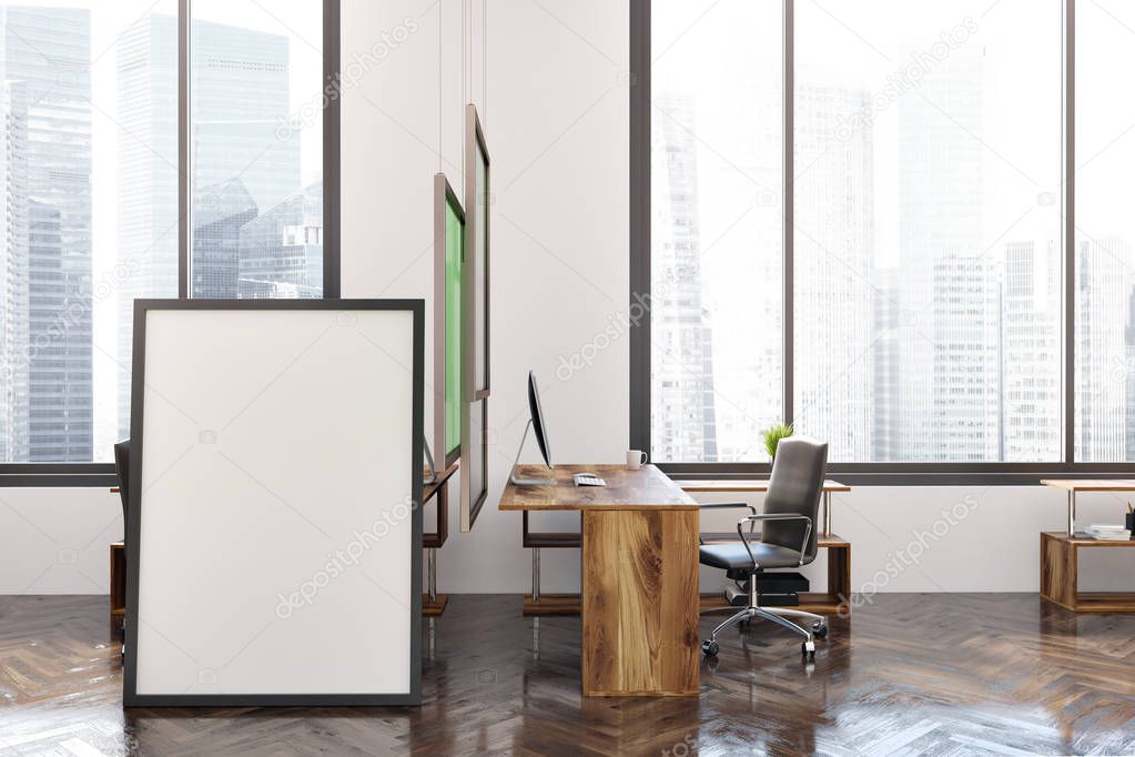 Vertical poster in a white office interior