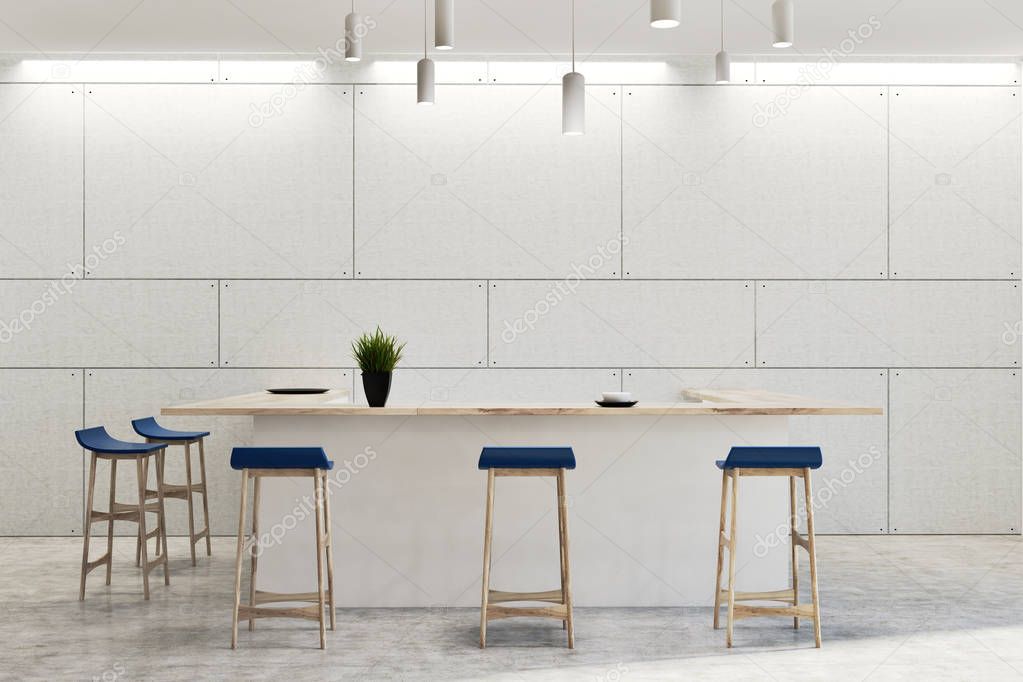 White modern bar interior, blue stools