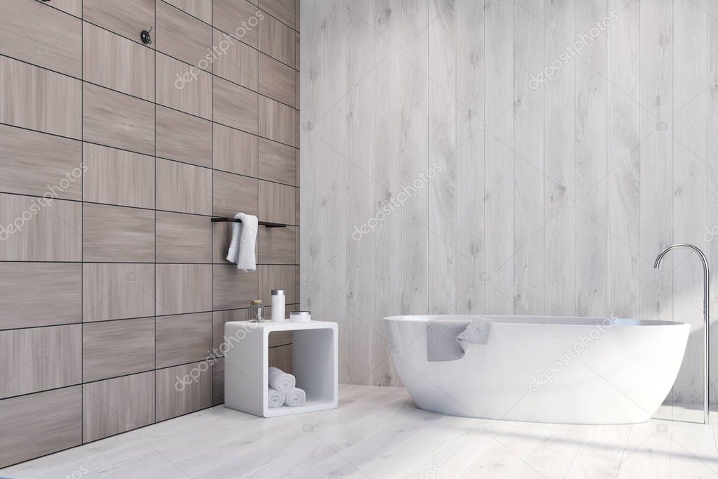 Azulejos blancos y marrones | Baño de azulejos blancos y madera marrón