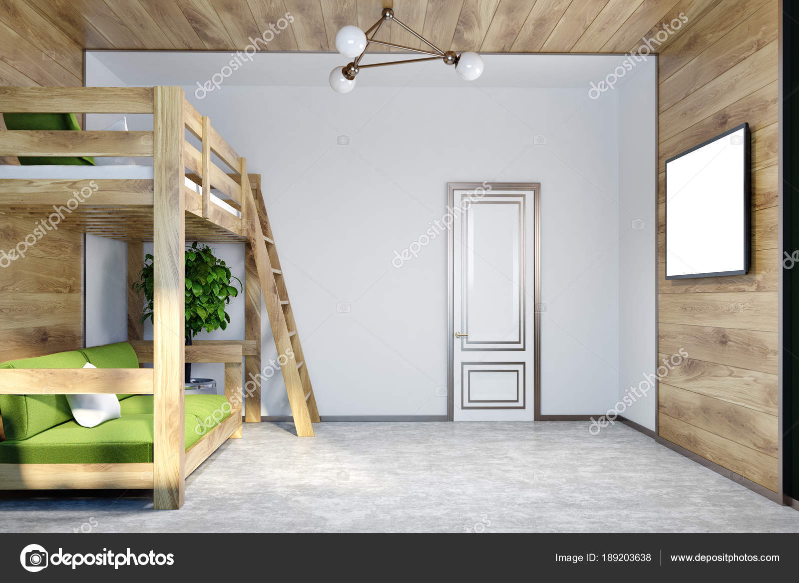 Wit slaapkamer, groene loft bed, Tv-scherm mock up — Stockfoto ... Wit slaapkamer, groene loft bed, Tv-scherm mock up — Stockfoto ...