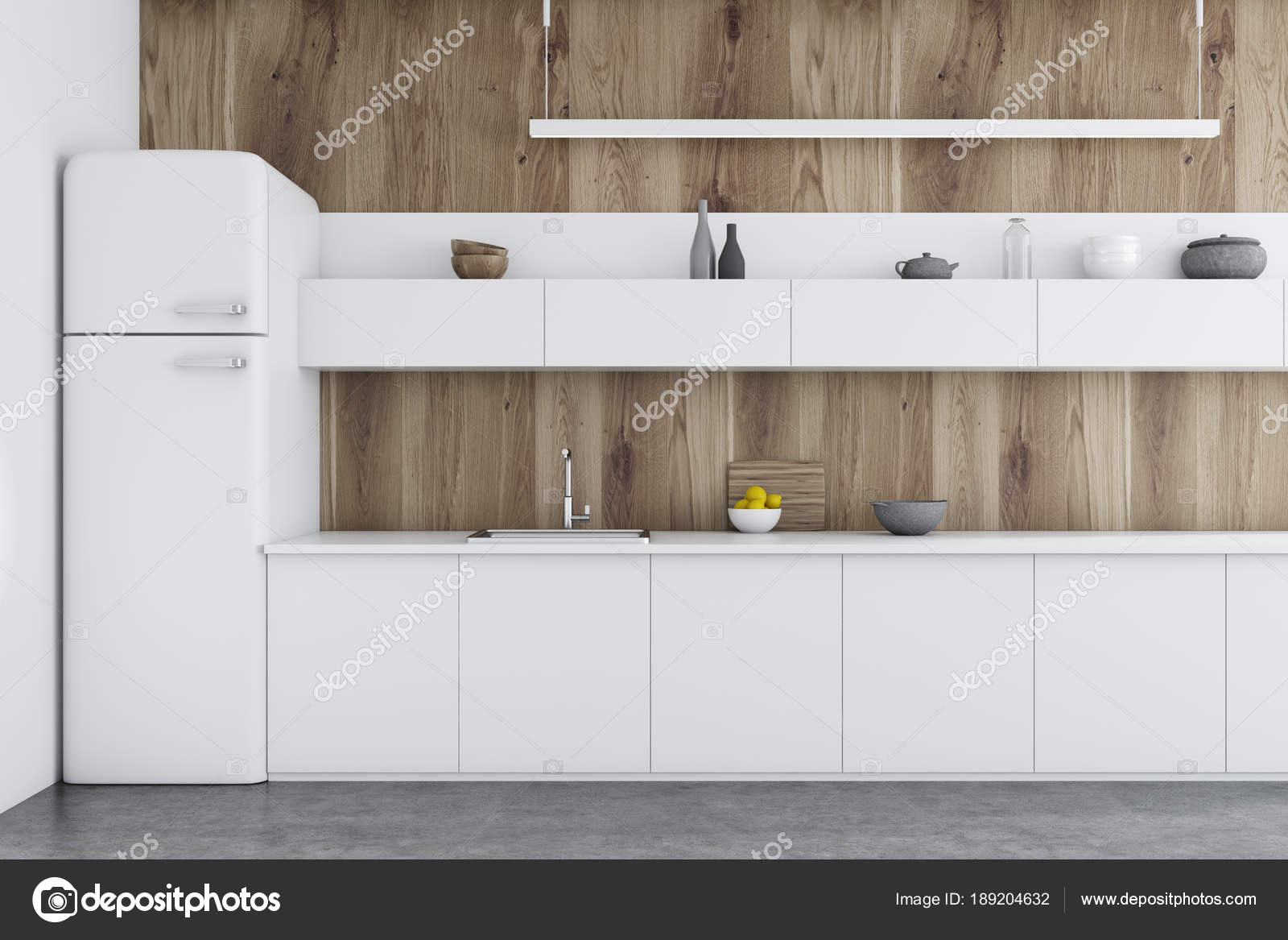Banconi da cucina in legno, bianco — foto stock © denisismagilov ... Un pavimento di cemento o legno