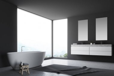 Panoramik gri banyo köşesi, çift lavabo