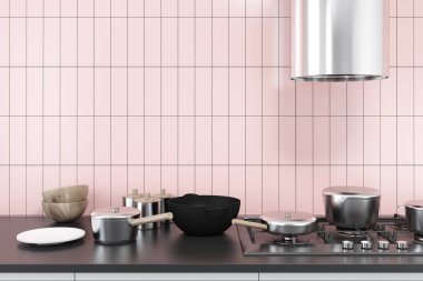 Pembe mutfak, siyah sayaç, tencere