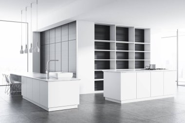 Beyaz mutfak köşesi, koyu ahşap dolap