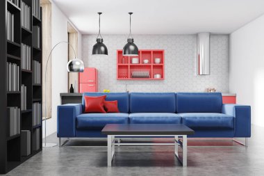 Mutfak ve salon, mavi kanepe