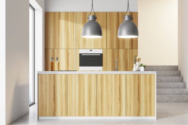 Beyaz ve ahşap çatı katı mutfak yakın çekim