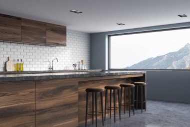 Beyaz tuğla mutfak köşesi, ahşap bar