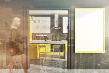 Mutfak, sarı sayaçları, poster, gri tonda kapı