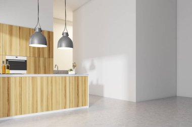 Beyaz mutfak iç, ahşap mutfak tezgahı