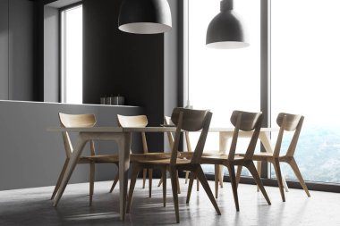 Gri panoramik yemek odası ve mutfak yan görünüm