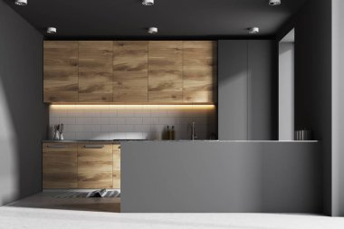 Gri ve ahşap mutfak iç, bar