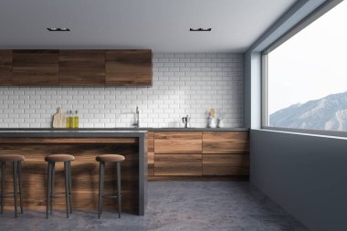 Beyaz tuğla ve gri mutfak iç, ahşap bar
