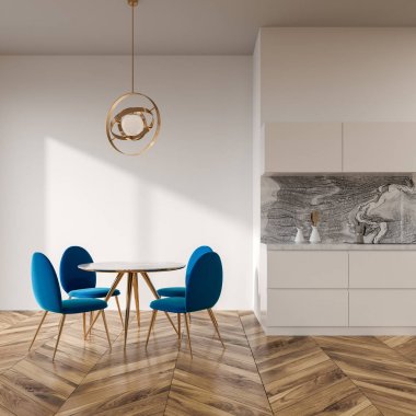 Yemek odası iç, mavi sandalye beyaz