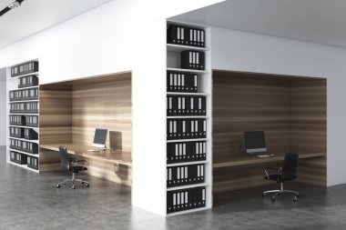 Beyaz ve ahşap ofis köşe