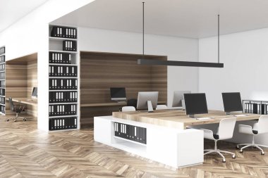 Beyaz ve ahşap ofis iç yan görünüm.