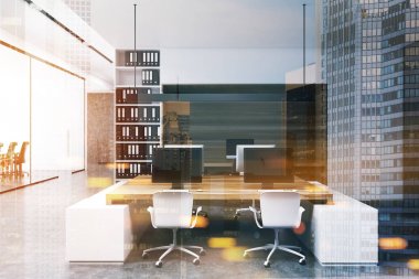 Tonlu beyaz ve ahşap ofis iç, önden görünüm