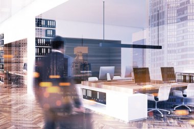 Tonlu beyaz ve ahşap ofis iç yan görünüm