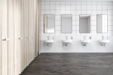 Wooden wall public restroom interior, sinks clipart