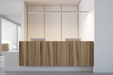 Beyaz ve ahşap ofis iç, Resepsiyon