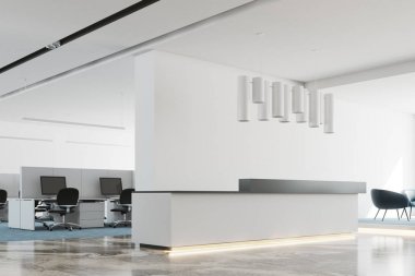 Beyaz ofis, beyaz ve siyah resepsiyon masası yan