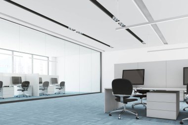 Mavi zemin açık alan ofis iç sütunları yan