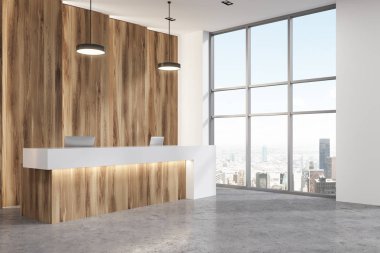 Ahşap ve beyaz Resepsiyon ofis lobi köşe