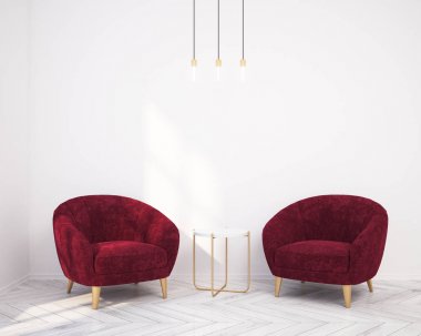 Beyaz salon iç, iki kırmızı koltuk