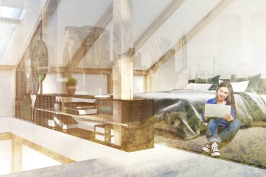 Çift yatak odası ve banyo iç, poster tonda