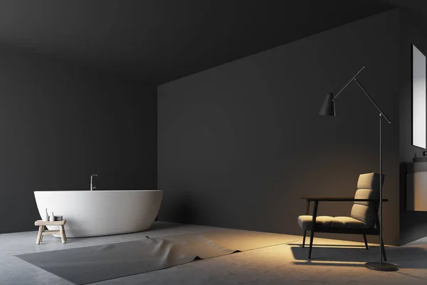 Minimalist gri banyo köşesi, bir koltuk — Stok fotoğraf
