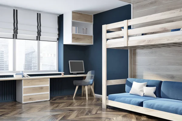 Dark blue wall home office, blue loft bed