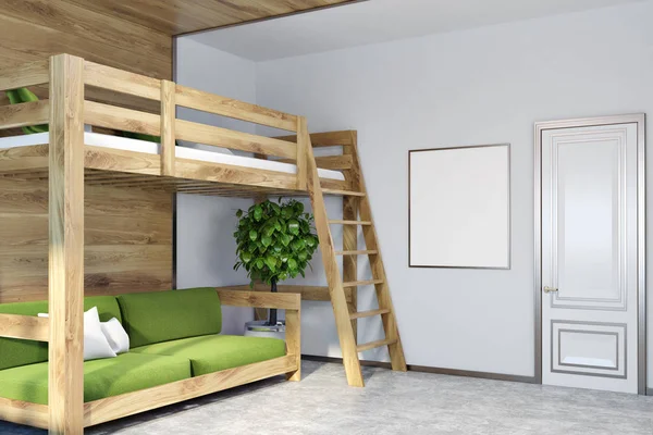 Witte muur slaapkamer hoek, groene loft bed, poster — Stockfoto