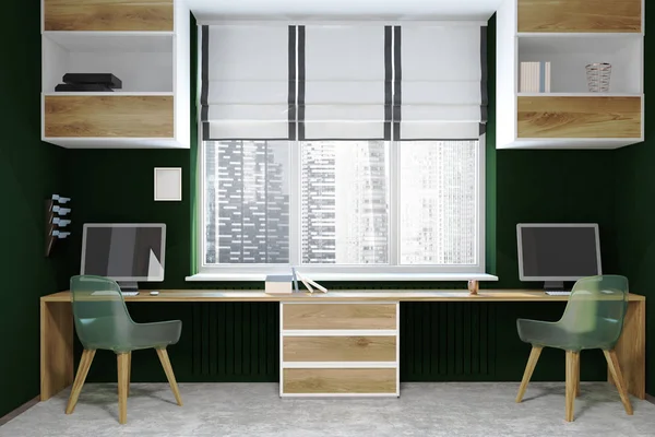 Чорне та дерев'яне сучасне робоче місце, екрани — стокове фото