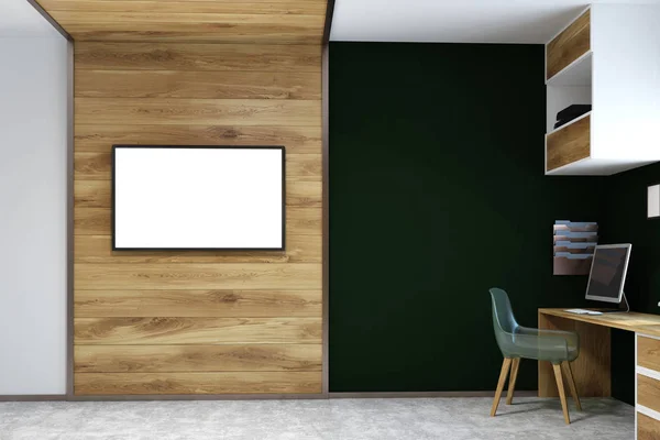 Oficina en casa de pared negra, pantalla de TV burla — Foto de Stock