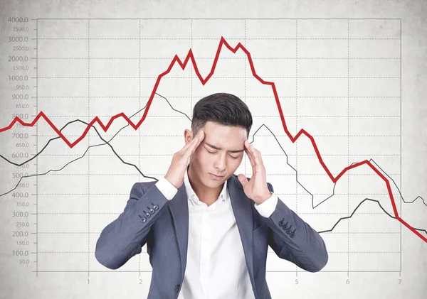 Estresado hombre de negocios asiático, gráfico de caída —  Fotos de Stock