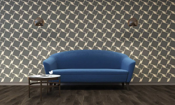 Gray pattern living room, blue sofa
