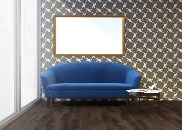 회색 패턴 거실, 블루 소파, 액자 포스터 — 스톡 사진