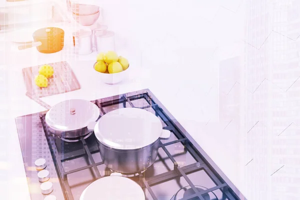 Tiled kitchen countertop, top view toned