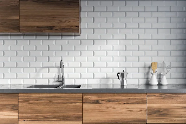 Döşenmiş mutfak iç, koyu ahşap tezgahları